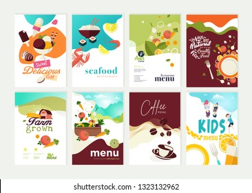 Set of restaurant menu, brochure, flyer design templates. Vector illustrations for food and drink marketing material, natural products presentation, cover design, wine list and cocktail menu templates