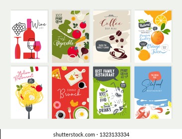 Set of restaurant menu, brochure, flyer design templates. Vector illustrations for food and drink marketing material, natural products presentation, cover design, wine list and cocktail menu templates