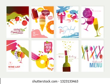 Menú de restaurante, folleto, plantillas de diseño de volante. Ilustraciones vectoriales para material de comercialización de alimentos y bebidas, presentación de productos naturales, diseño de portadas, carta de vinos y plantillas de menú de cócteles