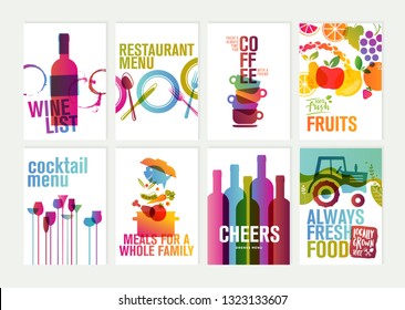 Set of restaurant menu, brochure, flyer design templates. Vector illustrations for food and drink marketing material, natural products presentation, cover design, wine list and cocktail menu templates