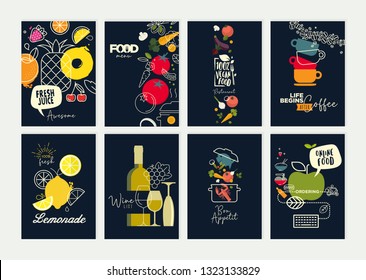 Set of restaurant menu, brochure, flyer design templates. Vector illustrations for food and drink marketing material, natural products presentation, cover design, wine list and cocktail menu templates