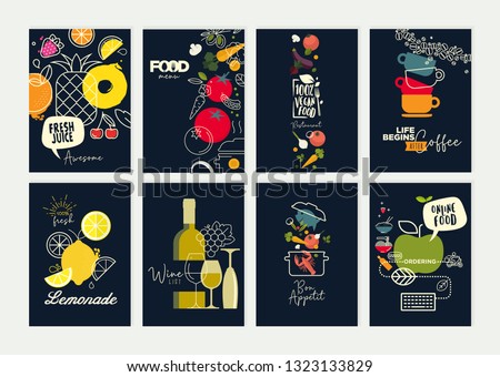 Set of restaurant menu, brochure, flyer design templates. Vector illustrations for food and drink marketing material, natural products presentation, cover design, wine list and cocktail menu templates