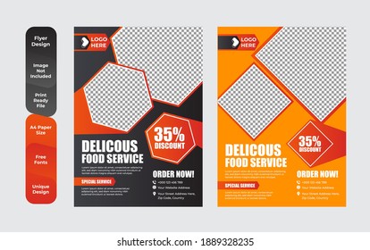 Conjunto de plantillas de diseño de menús y volantes de restaurante modernas con un tamaño A4 colorido. Ilustraciones vectoriales para material de comercialización de alimentos y bebidas, anuncios, plantillas, diseño de portada