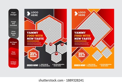 Conjunto de plantillas de diseño de menús y volantes de restaurante modernas con un tamaño A4 colorido. Ilustraciones vectoriales para material de comercialización de alimentos y bebidas, anuncios, plantillas, diseño de portada