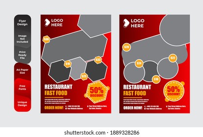Conjunto de plantillas de diseño de menús y volantes de restaurante modernas con un tamaño A4 colorido. Ilustraciones vectoriales para material de comercialización de alimentos y bebidas, anuncios, plantillas, diseño de portada
