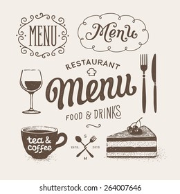 Set of restaurant menu typographic elements and illustrations