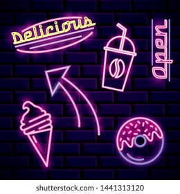 Set of Restaurant neon lights advertising on bricks wall background vector editable illustration