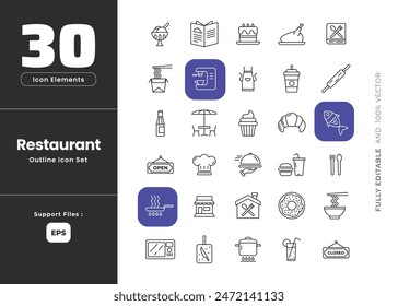 Set of restaurant outline icon set, related to food, chef hat, alcohol, seafood, lunch, continental breakfast in hotel, cafe dessert, coffee, steak, waiter, vector illustration