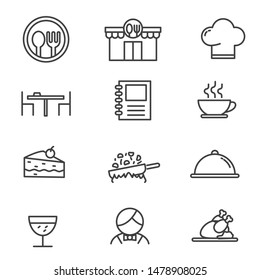 Conjunto de diseño de línea de iconos relacionados con el restaurante. Ilustración vectorial relacionada con restaurantes con diseño de línea simple 