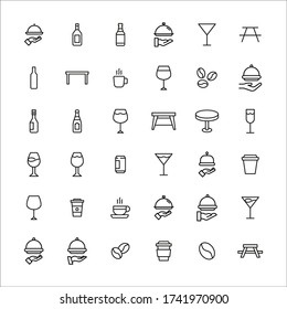 Set of restaurant related vector line icons. Premium linear symbols pack. Vector illustration isolated on a white background. Web symbols for web sites and mobile app. Trendy design. 