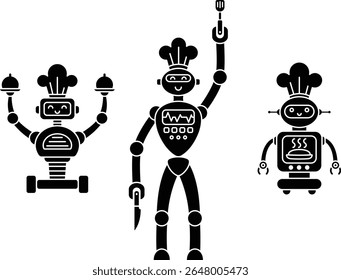 A set of restaurant robots in solid silhouette style, including a chef, a server, and a baker. Perfect for food tech, automation, or futuristic dining concepts.