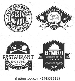 Set of Restaurant shop, menu logo. Vector Illustration. Vintage graphic design for logotype, label, badge with plate, cloche with lid, fork and knife. Cooking, cuisine logo for menu restaurant or cafe