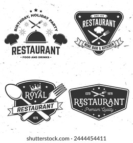 Set of Restaurant shop, menu logo. Vector Illustration. Vintage graphic design for logotype, label, badge with plate, cloche with lid, fork and knife. Cooking, cuisine logo for menu restaurant or cafe