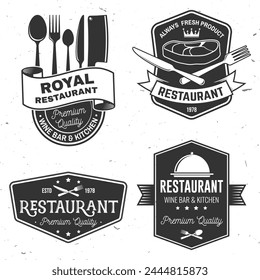 Set of Restaurant shop, menu logo. Vector Illustration. Vintage graphic design for logotype, label, badge with plate, steak, cloche with lid, fork and knife. Cooking, cuisine logo for menu restaurant