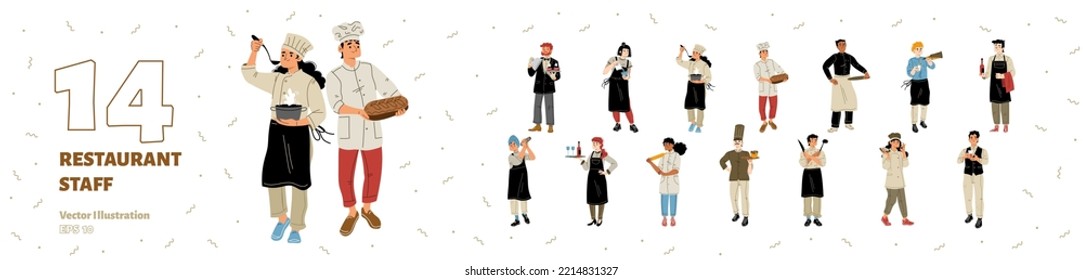 Set of restaurant staff, cafe employees team chef, waiter, manager and barista diverse characters wear uniform with trays and meals isolated on white background Cartoon linear flat vector illustration