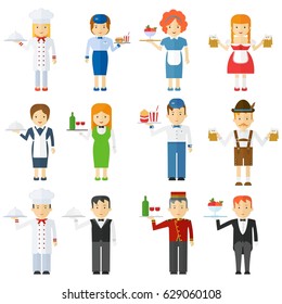 set of restaurant staff. Flat vector cartoon illustration. Objects isolated on a white background.