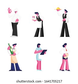 Set of Restaurant Staff Isolated on White Background. Male and Female Characters in Uniform Chef Gesturing Ok Sign, Waiters with Meals and Drinks, Girl Administrator. Cartoon Flat Vector Illustration