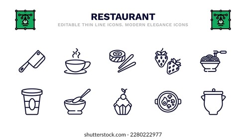 conjunto de iconos de la línea delgada del restaurante. íconos del esquema del restaurante como taza de desayuno, pieza de sushi, dibujo de fresa, espagueti boloñés, taza de cartón, taza de cartón, bol de aperitivos, bizcocho con
