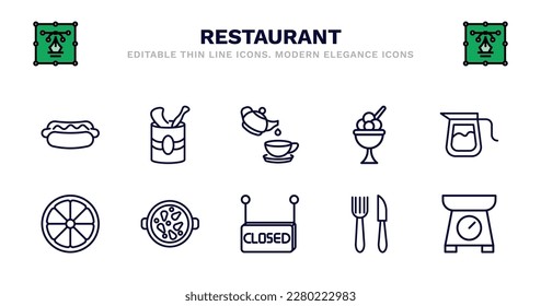 conjunto de iconos de la línea delgada del restaurante. iconos de contorno del restaurante como hojalata abierta con cuchara, té, cuchara de helado, olla de café, medio limón, medio limón, paella con costillas, cerrado, cuchillo delgado, eléctrico