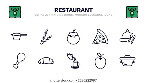 set of restaurant thin line icons. restaurant outline icons such as two brochettes, fresh tomato, pepperoni pizza slice, tray and cover, fried chicken thighs, fried chicken thighs, bakery croissant,