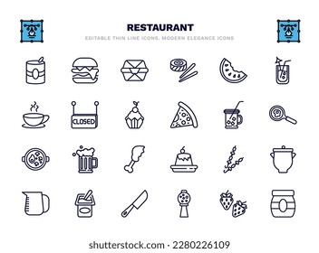 set of restaurant thin line icons. restaurant outline icons such as mermelade tin, food box, watermellon slice, closed, drink jar, foamy beer jar, two brochettes, yogurt with spoon, candy balls,