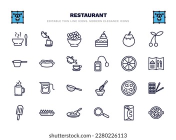 set of restaurant thin line icons. restaurant outline icons such as hot soup, bowl of olives, fresh tomato, hot dog with ketchup, half lemon, coffe pot, pepperoni pizza, nachos plate, frying pan