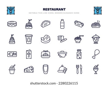 conjunto de iconos de la línea delgada del restaurante. íconos del contorno del restaurante como sándwich largo, comida mexicana, pan de pita, taza de cartón, espagueti boloñés, carta de menú, frasco lleno de comida, trozo de queso, bandeja