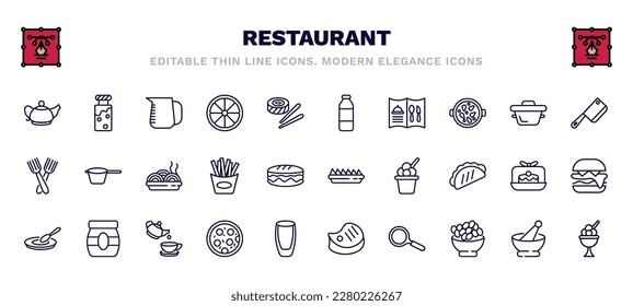 set of restaurant thin line icons. restaurant outline icons such as vintage teapot, measurement jar, milk brick, butcher knife, plate of spaghetti, nachos plate, round plate, pepperoni pizza, frying