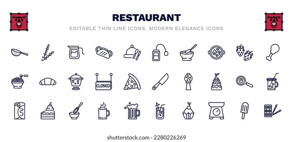 set of restaurant thin line icons. restaurant outline icons such as strainer with handle, coffe pot, infusion bag, fried chicken thighs, boiling water pan, big knife, crepe and cream, hot mug,