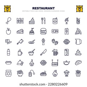 set of restaurant thin line icons. restaurant outline icons such as fried chicken thighs, cake piece with cream, mermelade tin, menu card, candy balls, hot mug, creme caramel, closed, infusion bag