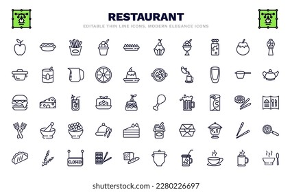 set of restaurant thin line icons. restaurant outline icons such as with skin, french fries box, ice cream balls cup, bistro pot, complete hamburger, fried chicken thighs, salad fork, mexican food,