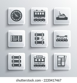 Set Restaurant train, News, Cargo wagon, Broken rails railway, Railway, railroad track, Train ticket, station clock and Plate with food icon. Vector