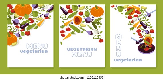 Set of restaurant vegetarian menu. Vector isometric illustrations for farm-fresh food and natural products 