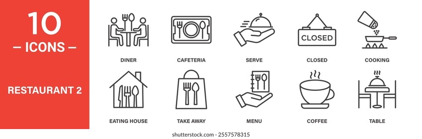 A set of restaurant-themed icons showcasing dining, cafeterias, food service, take-away options, cooking, menus, coffee, and tables.