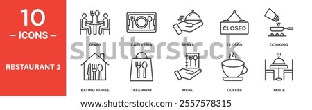 A set of restaurant-themed icons showcasing dining, cafeterias, food service, take-away options, cooking, menus, coffee, and tables.