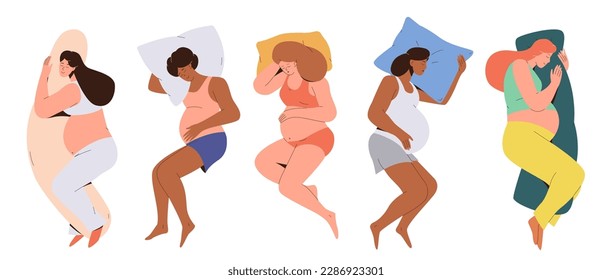 Set of resting and relaxing sleeping pregnant woman character lying on pillow in different position