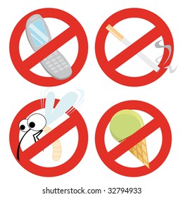 Set of restrictive signs (mobile phone, cigarette, mosquito, ice-cream). Vector illustration.