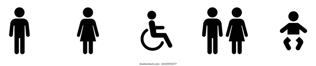 Set of restroom and accessibility icons including male, female, wheelchair, unisex, and baby symbols on a white background. Icon, vector.