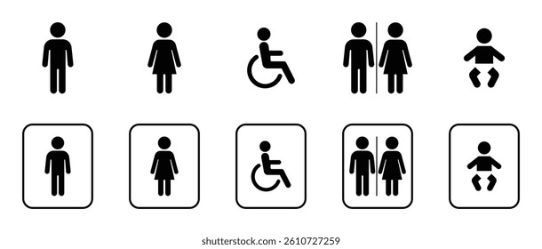 Set of restroom and accessibility icons including male, female, wheelchair, unisex, and baby symbols on a white background. Icon, vector.