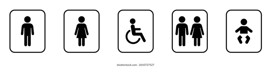 Set of restroom and accessibility icons including male, female, wheelchair, unisex, and baby symbols on a white background. Vector, icons, symbols.