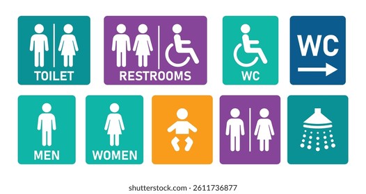 Set of restroom and accessibility icons including male, female, wheelchair, unisex, and baby symbols on a white background. icons.
