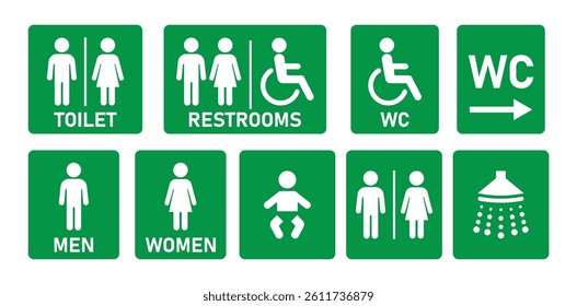 Set of restroom and accessibility icons including male, female, wheelchair, unisex, and baby symbols on a white background. icons, symbols.
