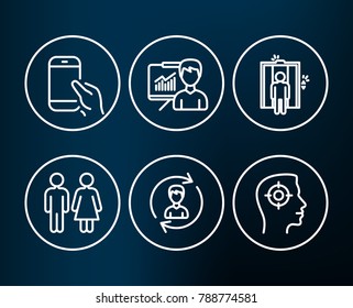Set of Restroom, Human resources and Hold smartphone icons. Elevator, Presentation and Recruitment signs. Wc toilet, Update profile, Phone call. Lift, Education board, Headhunter aim.  Editable stroke