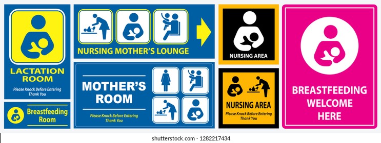 Set Of Restroom, Nursing Room, Lactation Room Placard Sign. 