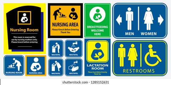 Set Of Restroom, Nursing Room, Lactation Room Placard Sign. (wastafel = Public Hand Wash) 