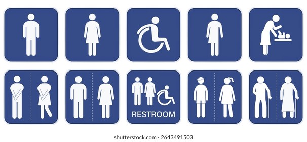Conjunto de placas de banheiro. Placas de sanita. Homens, mulheres e aleijado WC ícone adesivos.