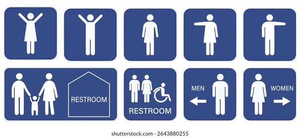 Conjunto de placas de banheiro. Placas de sanita. Homens, mulheres e aleijado WC ícone adesivos. Símbolos de banheiro masculino e feminino.