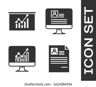 Set Resume, Board with graph chart, Computer monitor with graph chart and Computer monitor with resume icon. Vector