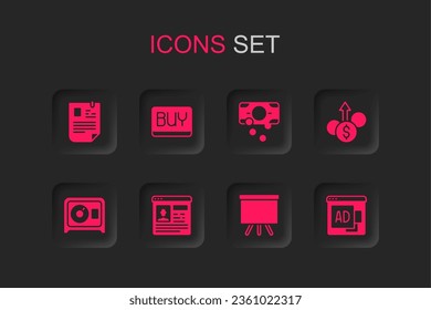 Set Resume, Buy button, Chalkboard, Financial growth dollar, Advertising, Stacks paper money cash and Safe icon. Vector