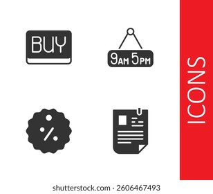 Set Resume, Buy button, Discount percent tag and From 9 5 job icon. Vector